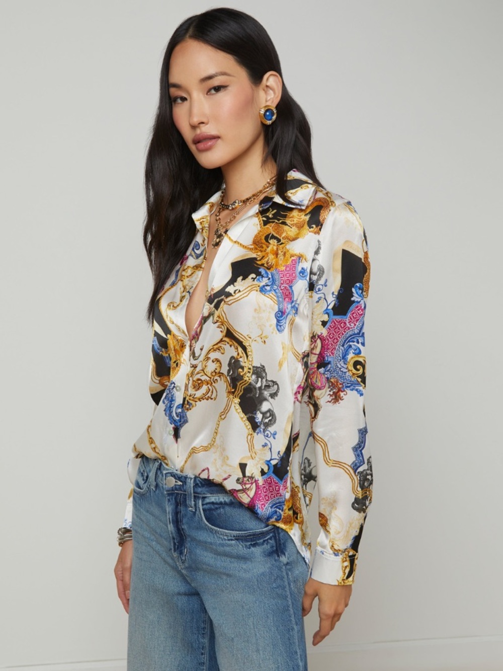 L’Agence Tyler Fantasy Long Sleeve Button Blouse in White, Black, & Renaissance - Picture 2 of 12